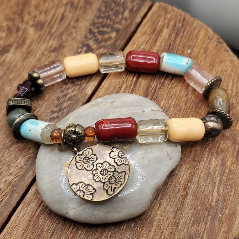 B2602 native copper bone precious‎ stone bracelet